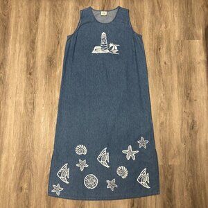 Vintage Denim Maxi Dress Women's Size Medium Beach Sundress 100% Cotton